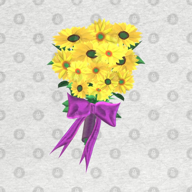 Yellow Sunflowers Bouquet with Purple Ribbon (White Background) by Art By LM Designs 